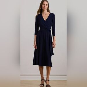 Lauren Ralph Lauren Surplice Jersey Midi Dress Tie Sash Lighthouse Navy Size 6